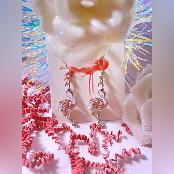 Silver Crystal flamingo dangle and drop earrings, pretty, summer, tropical, - Picture 6 of 10